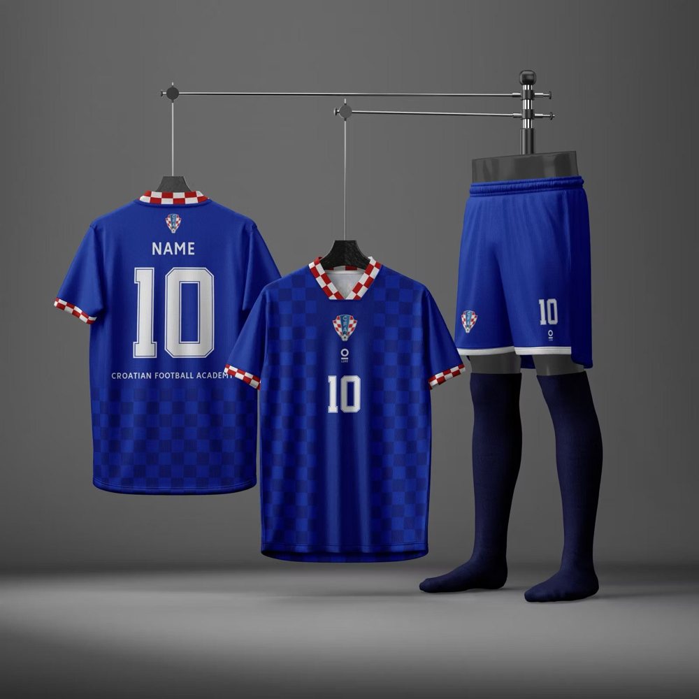 CFA away kit: royal blue tonal checker shirt and shorts, navy socks