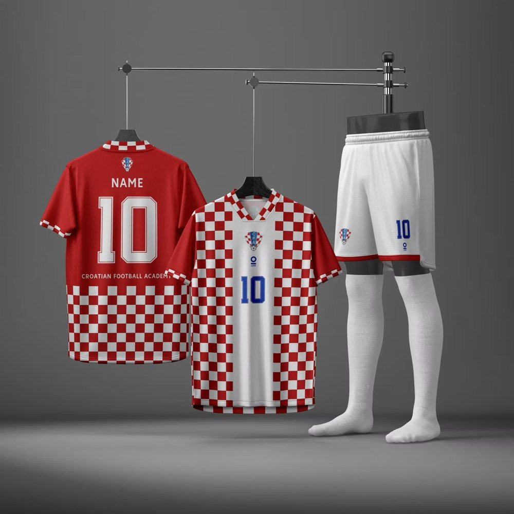 CFA home kit: red and white checkered shirt, white shorts and socks